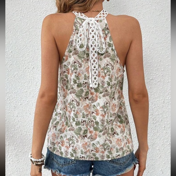 Boho Floral Print Halter Neck Lace Back Top Blouse Shirt - Picture 2 of 14